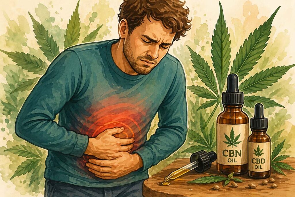 Cartoonachtige illustratie van man met buikpijn, omringd door cannabisbladeren en druppelflesjes met CBN-olie als mogelijke verlichting