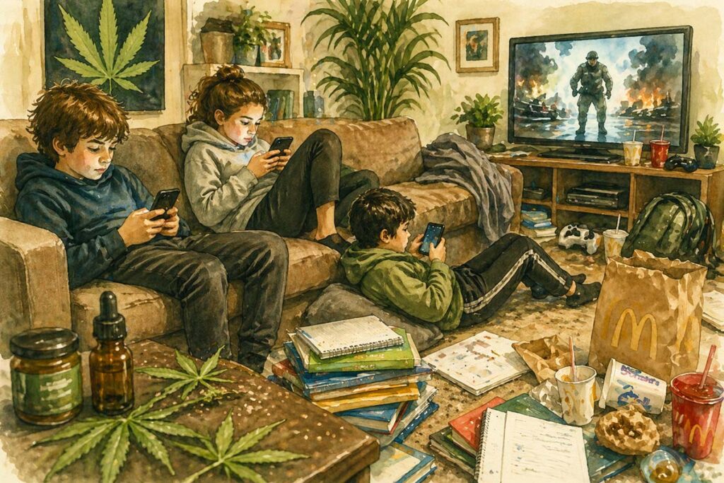 Illustratie van kinderen die met hun telefoon op de bank zitten, tussen de schoolboeken en fastfood, met tv aan op de achtergrond.