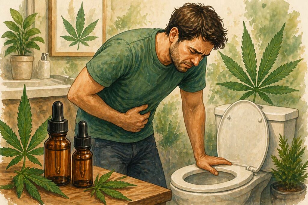 Illustratie van een man bij een toilet. Hij heeft pijn. 