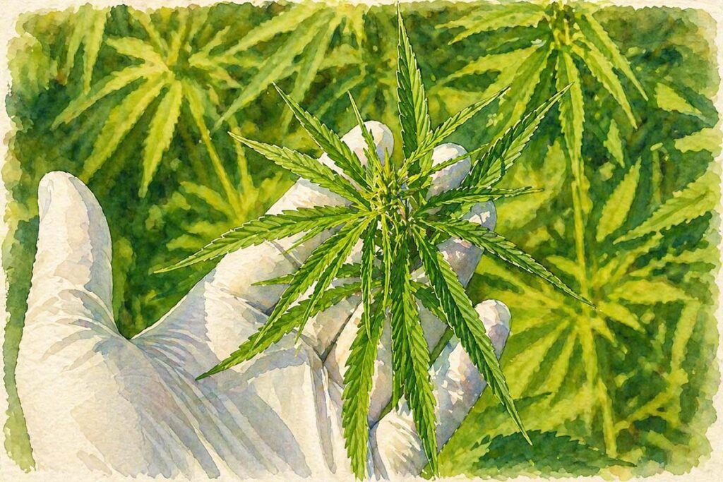 Illustratie van een hand in een witte handschoen. Een teler houdt een jonge wietplant vast.